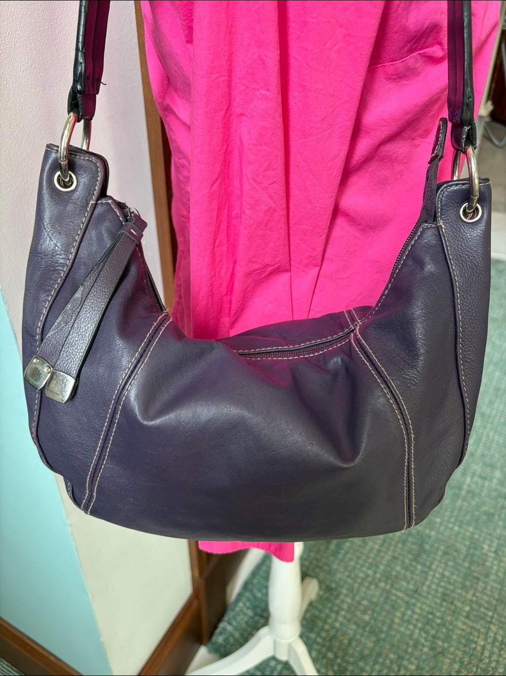 Worthington hobo bag, small Purple Leather Shoulder Bag soft leather wide strap